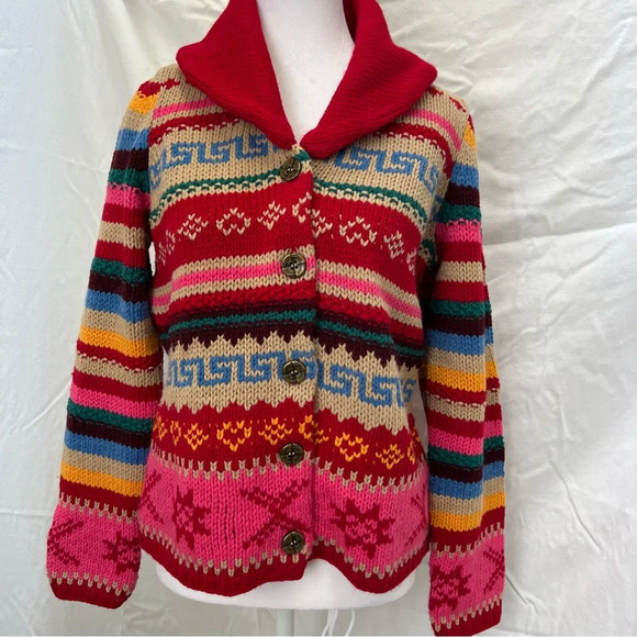 Liz Claiborne Sweaters - Vintage Liz Claiborne Intarcia Jaquard wool blend colorful collared cardigan.